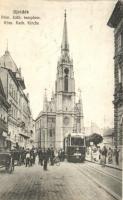 Újvidék, Novi Sad; Római katolikus templom, 26-os számú villamos, kiadja Vranitsch és Tausch / church, street, tram