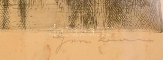 Gross Arnold (1929-2015): Folyópart 1964. Rézkarc, papír, jelzett, foltos, gyűrött, üvegezett keretb...