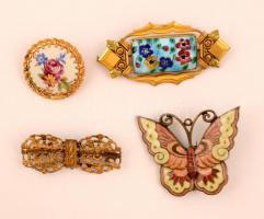 4 db különféle dekoratív bross, köztük porcelán és tűzzománc díszítésű is, különböző méretben