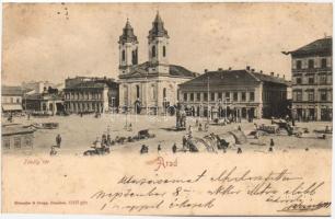 Arad, Tököly tér, templom, Schwarz R., Ifj. Lőwy Ármin, Hofmann József üzletei, piac / square, church, shops, market (fl)