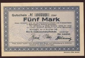 Német Birodalom/Császárság/Mohrungen szükségpénz 1918. 5M T:I