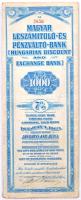 Amerikai Egyesült Államok / New York / Magyarország 1928. Magyar Leszámítoló- és Pénzváltó-Bank 7%-os, 35 éves lejáratú kötvénye 1000$-ról szelvényekkel, bélyegzésekkel, a Budapesti Giro- és Pénztár-egylet Részvénytársaság igazolásával 1947-ből T:III tűnyom, kis szakadások  USA / New York / Hungary 1928. Hungarian Discount and Exchange Bank 7% 35 year sinking fund in amount of 1000 Dollars with coupons and stamps and a verification of the Budapesti Giro- és Pénztár-egylet Részvénytársaság from 1947 C:F pinhole, small tears