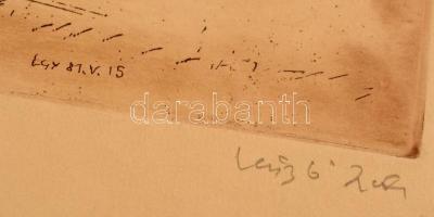 Olvashatatlan jelzéssel: Pad a ház előtt. Rézkarc, papír, 20×25 cm