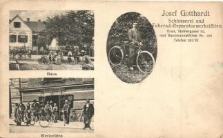 Josef Gotthardt Schlosserei und Fahrrad-Reparturwerkstatten, Graz / Josef Gotthardts metalworking and bicycle repair shop, advertisement postcard (kis szakadás / small tear)
