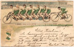 1899 F. Gerger Európa bajnok egy hatüléses Styria gépet követ, Styria kerékpár reklámlap / F. Gerger European champion, Styria bicycle advertisement, Kunstanstalt Grimme & Hempel litho (r)
