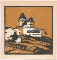 Kós Károly (1883-1977): Ebesfalva (Erzsébetváros), színezett linómetszet, papír, jelzés nélkül, hátulján feliratozva, 13×12 cm