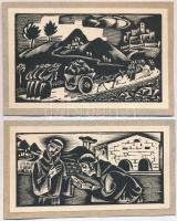 Molnár C. Pál (1894-1981): Két itáliai jelenet, fametszet, papír, jelzés nélkül, papírra kasírozva, 14.5x9.5 cm, 14.5x8 cm.