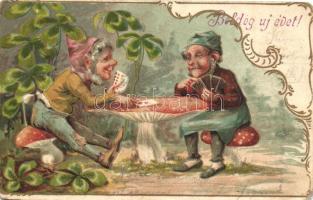 Boldog új évet! / New Year greeting card, dwarfs, Emb. litho (EB)