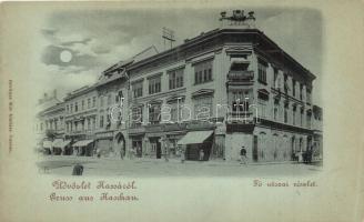 Kassa, Kosice; Fő utca, Strausz D. utóda, Breitner Mór, Jelinek H. üzletei, kiadja Breitner Mór / main street, shops