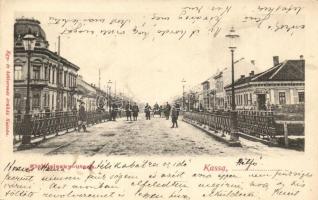 Kassa, Kosice; Klobusiczky utca, híd, Urbán A. M. üzlete / street, bridge, shop (EK)