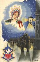 II. világháborús katonai üdvözlőlap / WWII Hungarian military greeting card, folklore s: Bozó (tűnyomok / pinholes)