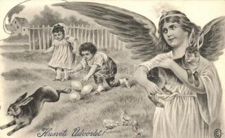 Húsvéti üdvözlet / easter greeting card, angel, rabbit, chickens (EK)