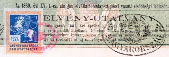 Budapest 1921. "Az 1889. évi XV. t.-cz. alapján elvállalt budapest-pécsi vasuti elsőbbségi kölc...