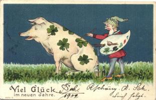 Viel Glück im neuen Jahre / pig, dwarf, clovers, litho (EK)