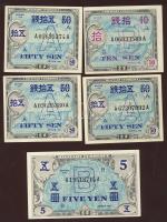 Japán/nemz. megszállás 1945-46. 10s, 50s (3x) kevés ugrású sorszámokkal!, 5Y T:I