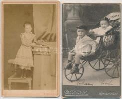 cca 1900 Gyermek portrék, 2 db, keményhátú fotók, Wichner J. (Rimaszobat), Boros Imre (Keszthely, Hévíz), 10x6 cmx 2.