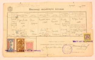 1926 Bp., Házassági anyakönyvi kivonat, törvényhatósági illetékbélyegekkel