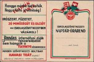 1942 Iskolaszövetkezi naptár-órarend, az Erdélyrészi Hangya két oldalas zsebnaptára