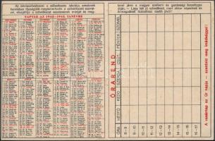 1942 Iskolaszövetkezi naptár-órarend, az Erdélyrészi Hangya két oldalas zsebnaptára