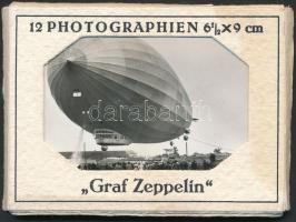 cca 1930 12 db hátoldalán nyomtatva feliratozott fotó a Graf Zeppelin léghajóról, eredeti papírtokjában / series of photos of the German Graf Zeppelin airship in paper case, 6.5×9 cm