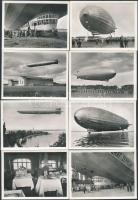 cca 1930 12 db hátoldalán nyomtatva feliratozott fotó a Graf Zeppelin léghajóról, eredeti papírtokjá...