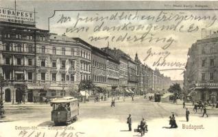 Budapest VI. Oktogon tér, villamosok, Budapest Képes politikai napilap, Prindl Nándor üzlete, Abbazia kávéház (EK)