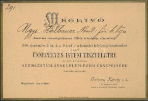 1886 Budapest, Gerlóczy Károly alpolgármester meghívója a Budavár visszafoglalásának 200. évfordulója alkalmából tartandó istentiszteletre 10×15 cm