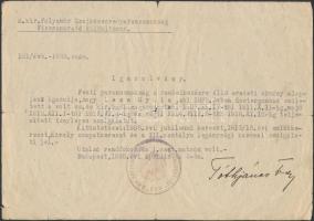 1938 Bp., A M.kir. folyamőr Csajkászezredparancsnokság Visszamaradó Különítmény által kiadott igazolás szolgálati időről