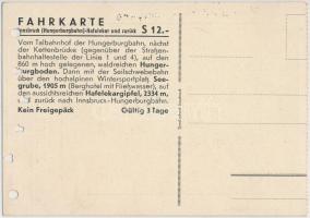 Innsbrucki északi láncvasút menettérti jegye, színes képpel, német nyelven, szép állapotban, 13x9 cm