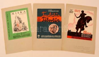 cca 1930-1940 Borítótervek könyvekhez, 3 db kartonra ragasztva(Hej Rákóczi, Bercsényi, Bezerédj!, Tarlótűz, Miska), 20x16 cm