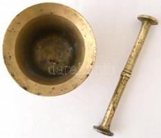 Bronz füles mozsár törővel, m:11 cm, törő:21 cm