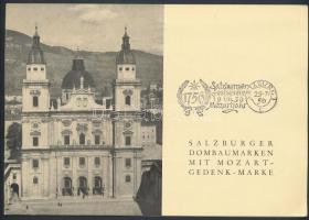 Salzburg Festival memorial Mozart and Reconstruction  stamps, Salzburgi ünnepi játékok emléklap Újjáépítés és Mozart bélyegekkel