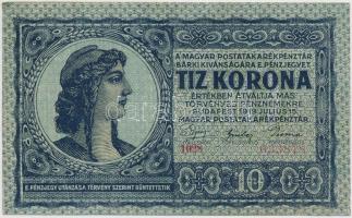 1919. július 15. 10K T:III apró lyuk restaurálva Hungary 15.07.1919. 10 Korona C:F small hole restored Adamo K12
