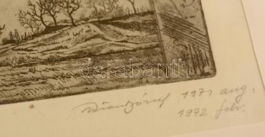 Wieszt József (1951-2007): Tájtanulmány. Rézkarc, papír, jelzett, üvegezett keretben, 12×19 cm