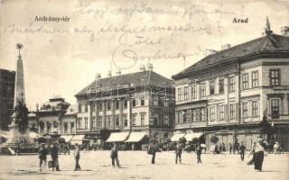 Arad, Andrássy tér, Nagy Lajos Szálloda, Fonciere Pesti Biztosító Intézet Főügynöksége, Neumann M. és Schwarcz zs. üzlete, kávéház / square, hotel, insurance company, shops, cafe  (EK)