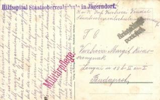 Krnov, Jägerndorf; Burgberg, "Hilfsspital Staatsoberrealschule in Jagerndorf" stamp on the...