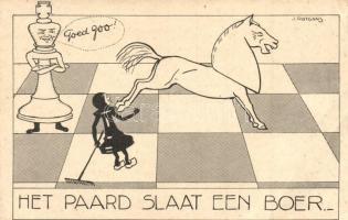 Het paard slaat een boer.. / Holland sakk karikatúra lap / Dutch chess caricature art postcard s: J. Rotgans (b)