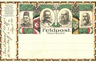 Első világháborús tábori posta képeslap, a központi hatalmak uralkodóival; V. Mehmed, II. Vilmos, I. Ferenc József, I. Ferdinánd / WWI military filed post postcard, Central Powers propaganda (vágott / cut)