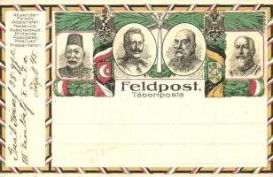 Első világháborús tábori posta képeslap, a központi hatalmak uralkodóival; V. Mehmed, II. Vilmos, I. Ferenc József, I. Ferdinánd / WWI military filed post postcard, Central Powers propaganda (vágott / cut)