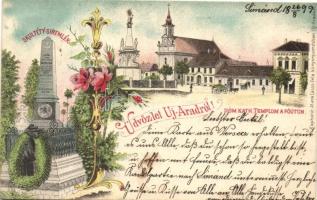 1899 Arad, Újarad, Aradul Nou; Római katolikus templom a Fő úton, Skultéty síremlék, kapható Mayr Lajosnál / church, main street, tomb, floral litho