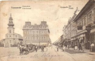 Temesvár, Timisoara; Kossuth tér, Adler Ignác, Dutsch R. Rezső, Szana Lajos, Csendes és Fischer üzlete, porcelánház, takarékpénztár / square, shops, savings bank, porcelain store (EB)