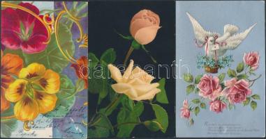 15 db RÉGI művészlap, pár lithoval, vegyes minőség; virágok, folklór / 15 old art postcards, some lithos, mixed quality; flower, folklore
