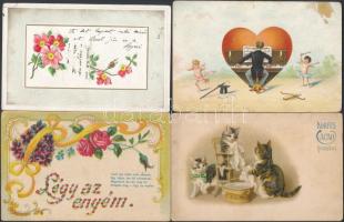 4 db RÉGI litho művészlap, vegyes minőség; üdvözlőlapok / 4 old litho art postcards, mixed quality; greeting cards