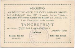 1927 Meghívó a Budapesti Jogászok Verbőczy Bajtársi Egyesület Szabolcs törzsének táncestélyére