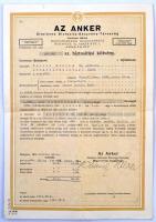 Budapest 1934. ANKER Általános Biztosító-Részvénytársaság életbiztosítási kötvénye, kiegészítő függelékkel T:III