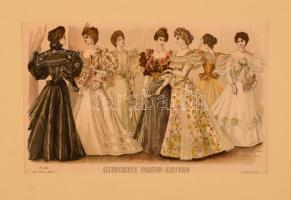 1898 Előkelő nők báli divatja, Illustrirte Frauen Zeitung, papír, színezett fametszet, paszpartuban, 22x35 cm, paszpartu: 65x50 cm. /
