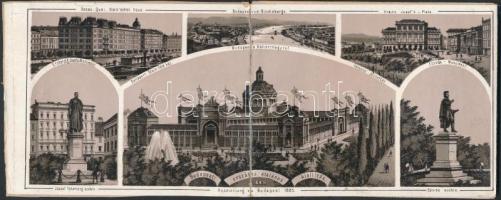 1885 Budapesti Országos Általános Kiállítás, 9 oldalas kihajtható képes litho leporello a főváros ne...