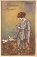 Busi, T. Corbella - 4 db olasz művészlap, hölgyek / 4 Italian art postcards