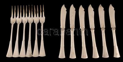 Ezüst (Ag.) kaviár kés és villa szett ( 6db 2×), jelzett, mesterjeggyel, h:14 és 13 cm, összesen:12 db, nettó:291 g