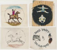 XIX.század vége: 8 db rajz, nagyrészt lovaglással kapcsolatosak hártya papíron / Drawings regarding horses and horseriding mostly. 8 pieces 9x9 cm